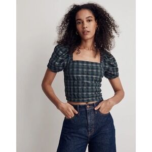 Madewell Green Plaid Puff-Sleeve Square Neck Smocked Crop Top Medium Preppy